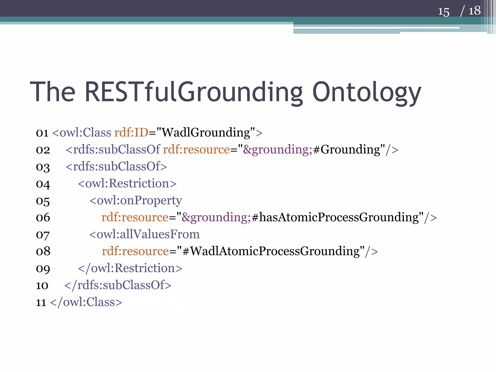 The RESTfulGrounding Ontology01 <owl:Class rdf:ID="WadlGrounding">02     <rdfs:subClassOf rdf:resource="&grounding;#Grounding"/>03     <rdfs:subClassOf> 04         <owl:Restriction> 05             <owl:onProperty 06                 rdf:resource="&grounding;#hasAtomicProcessGrounding"/>07             <owl:allValuesFrom 08                 rdf:resource="#WadlAtomicProcessGrounding"/> 09         </owl:Restriction> 10     </rdfs:subClassOf> 11 </owl:Class> 15