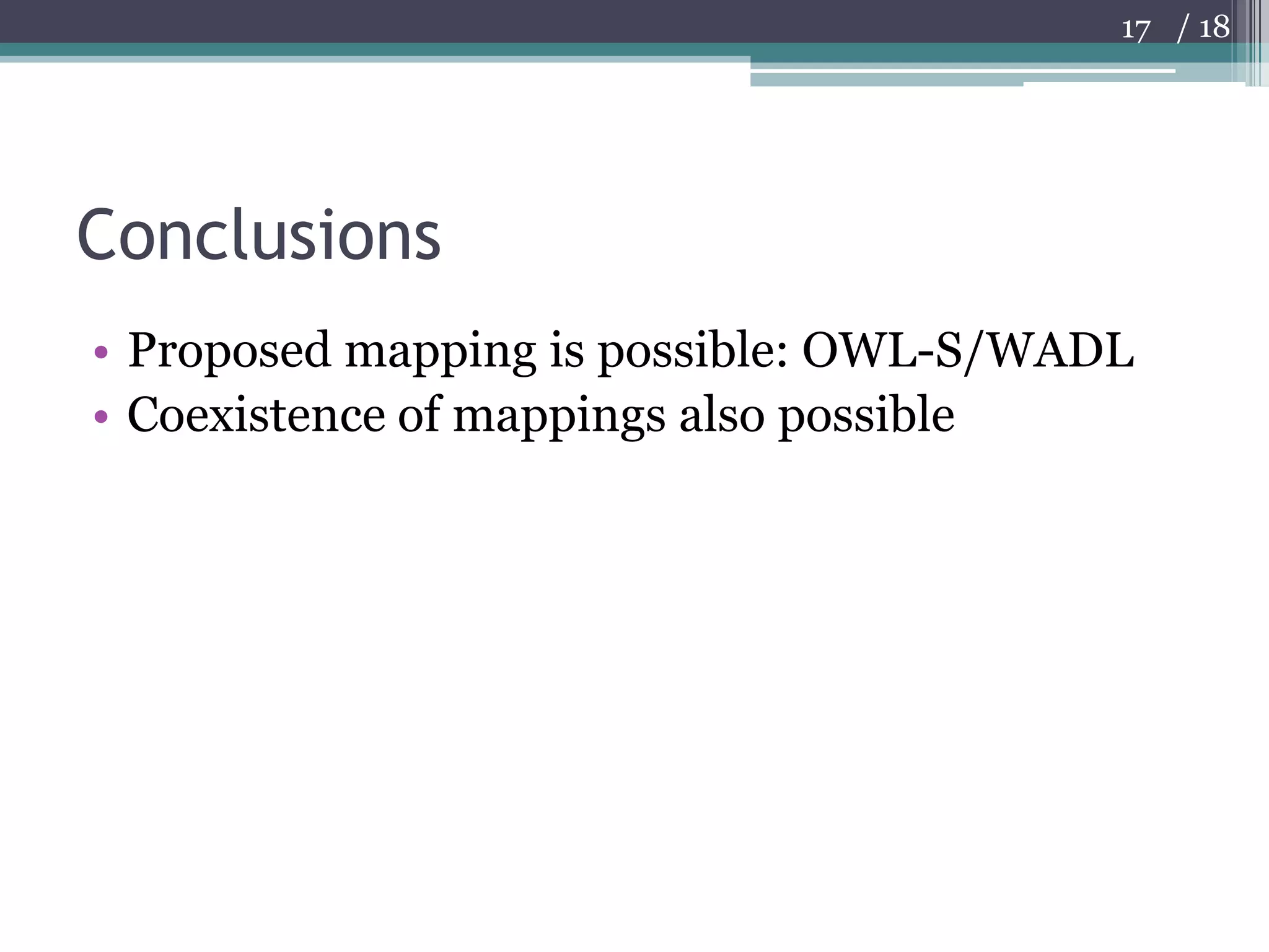 ConclusionsProposed mapping is possible: OWL-S/WADLCoexistence of mappings also possible17