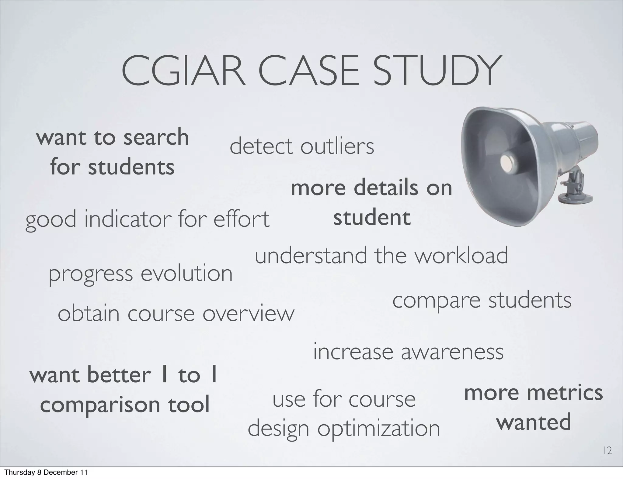 CGIAR CASE STUDY
        want to search       detect outliers
         for students
                                 more details on
     good indicator for effort       student
                             understand the workload
       progress evolution
                                           compare students
        obtain course overview
                                   increase awareness
     want better 1 to 1
      comparison tool          use for course    more metrics
                            design optimization     wanted
                                                            12
Thursday 8 December 11
 