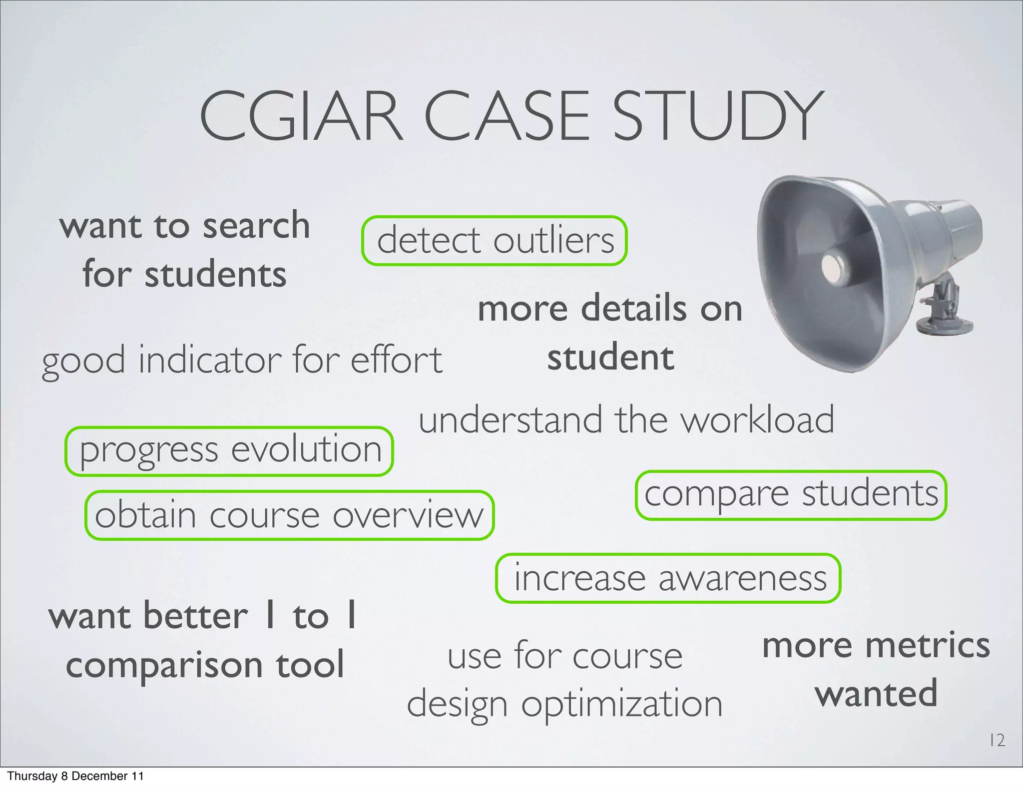 CGIAR CASE STUDY
        want to search       detect outliers
         for students
                                 more details on
     good indicator for effort       student
                             understand the workload
       progress evolution
                                           compare students
        obtain course overview
                                   increase awareness
     want better 1 to 1
      comparison tool          use for course    more metrics
                            design optimization     wanted
                                                            12
Thursday 8 December 11
 