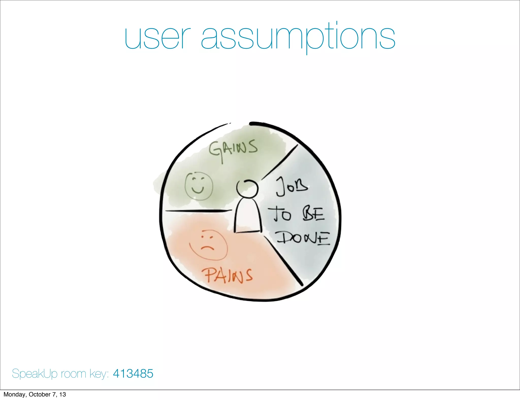 user assumptions
SpeakUp room key: 413485
Monday, October 7, 13
 
