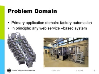Problem Domain 
1.7.2013 
ICWS 2013 
4 
•Primary application domain: factory automation 
•In principle: any web service –based system  