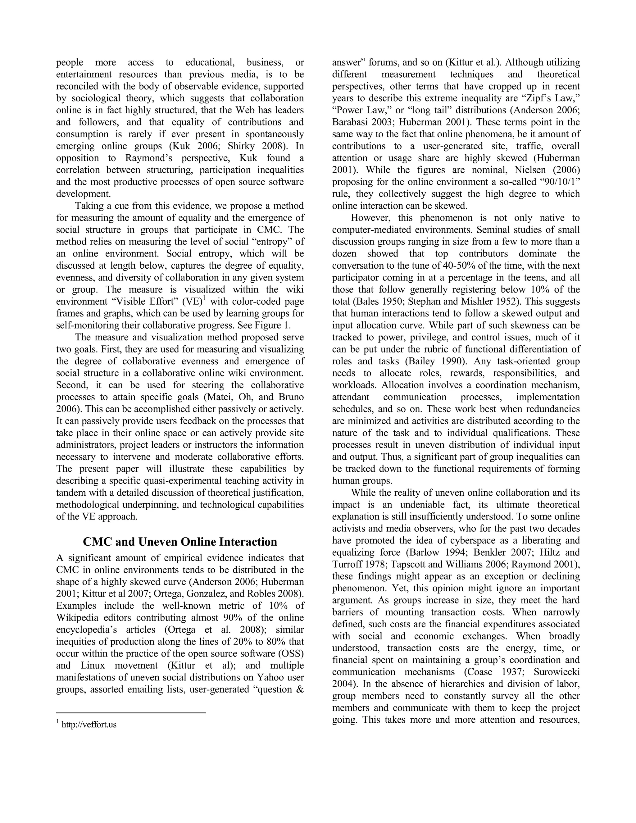 Visible Effort: A Social Entropy Methodology for  Managing Computer-Mediated Collaborative Learning