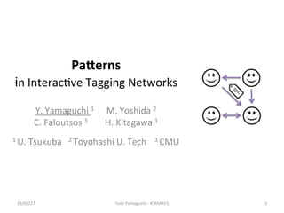 Pa#erns	
  
in	
  Interac*ve	
  Tagging	
  Networks	
  
Y.	
  Yamaguchi	
  1 	
  M.	
  Yoshida	
  2	
  
C.	
  Faloutsos	
  3	
   	
  H.	
  Kitagawa	
  1	
  
	
  
1	
  U.	
  Tsukuba	
  	
  	
  2	
  Toyohashi	
  U.	
  Tech 	
  3	
  CMU	
  
15/05/27	
   Yuto	
  Yamaguchi	
  -­‐	
  ICWSM15	
   1	
  
 