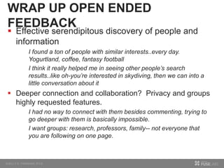 WRAP UP OPEN ENDED
FEEDBACK
 Effective serendipitous discovery of people and
information
I found a ton of people with similar interests..every day.
Yogurtland, coffee, fantasy football
I think it really helped me in seeing other people’s search
results..like oh-you’re interested in skydiving, then we can into a
little conversation about it
 Deeper connection and collaboration? Privacy and groups
highly requested features.
I had no way to connect with them besides commenting, trying to
go deeper with them is basically impossible.
I want groups: research, professors, family-- not everyone that
you are following on one page.
 