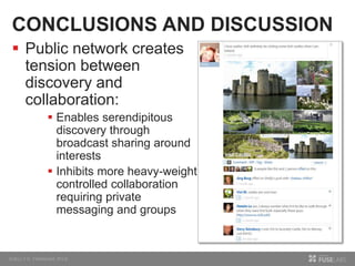 CONCLUSIONS AND DISCUSSION
 Public network creates
tension between
discovery and
collaboration:
 Enables serendipitous
discovery through
broadcast sharing around
interests
 Inhibits more heavy-weight,
controlled collaboration
requiring private
messaging and groups
 