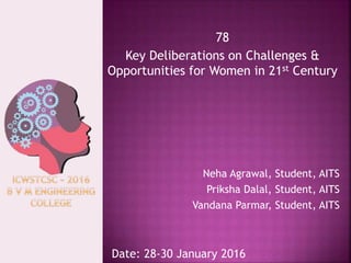 78
Key Deliberations on Challenges &
Opportunities for Women in 21st Century
Neha Agrawal, Student, AITS
Priksha Dalal, Student, AITS
Vandana Parmar, Student, AITS
Date: 28-30 January 2016
 