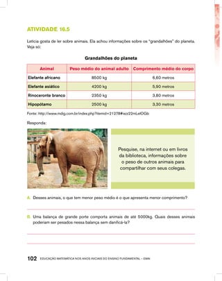 educação matemática nos anos iniciais do ensino fundamental – EMAI102
Atividade 16.5
Letícia gosta de ler sobre animais. Ela achou informações sobre os “grandalhões” do planeta.
Veja só:
Grandalhões do planeta
Animal Peso médio do animal adulto Comprimento médio do corpo
Elefante africano 8500 kg 6,60 metros
Elefante asiático 4200 kg 5,90 metros
Rinoceronte branco 2350 kg 3,80 metros
Hipopótamo 2500 kg 3,30 metros
Fonte: http://www.mdig.com.br/index.php?itemid=21278#ixzz22mLelOGb
Responda:
Pesquise, na internet ou em livros
da biblioteca, informações sobre
o peso de outros animais para
compartilhar com seus colegas.
A.	 Desses animais, o que tem menor peso médio é o que apresenta menor comprimento?
B.	 Uma balança de grande porte comporta animais de até 5000kg. Quais desses animais
poderiam ser pesados nessa balança sem danificá-la?
 