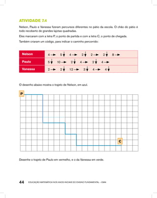 educação matemática nos anos iniciais do ensino fundamental – EMAI44
Atividade 7.4
Nelson, Paulo e Vanessa fizeram percursos diferentes no pátio da escola. O chão do pátio é
todo recoberto de grandes lajotas quadradas.
Eles marcaram com a letra P, o ponto de partida e com a letra C, o ponto de chegada.
Também criaram um código, para indicar o caminho percorrido:
Nelson  4 5 4 2 2 2 8
Paulo  5 10 2 4 2 4
Vanessa  2 2 12 3 4 4
O desenho abaixo mostra o trajeto de Nelson, em azul.
P
C
Desenhe o trajeto de Paulo em vermelho, e o da Vanessa em verde.
 