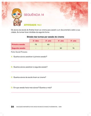 educação matemática nos anos iniciais do ensino fundamental – EMAI84
SEQUÊNCIA 14
Atividade 14.1
Os alunos da escola de Andréa foram ao cinema para assistir a um documentário sobre a sua
cidade. As turmas foram divididas da seguinte forma:
Divisão das turmas por sessão do cinema
2º. Ano 3º. ano 4º. ano 5º. ano
Primeira sessão 75 60 - -
Segunda sessão - - 90 74
Fonte: Escola Primavera
A.	 Quantos alunos assistiram à primeira sessão?
B.	 Quantos alunos assistiram à segunda sessão?
C.	 Quantos alunos da escola foram ao cinema?
D.	 Em que sessão havia mais alunos? Quantos a mais?
 