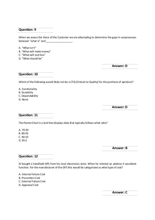 Lean Six Sigma Green Belt Exam Questions And Answers Pdf
