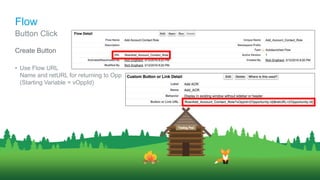 Create Button
• Use Flow URL
Name and retURL for returning to Opp
(Starting Variable = vOppId)
Button Click
Flow
 