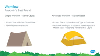 Workflow
Simple Workflow – Same Object
• Closed Won – Update Closed Date
• Updating the same record
Advanced Workflow – Master Detail
• Closed Won – Update Account Type to Customer
• Workflow allows you to update a parent object in a
Master Detail relationship from the child Object
An Admin’s Best Friend
 
