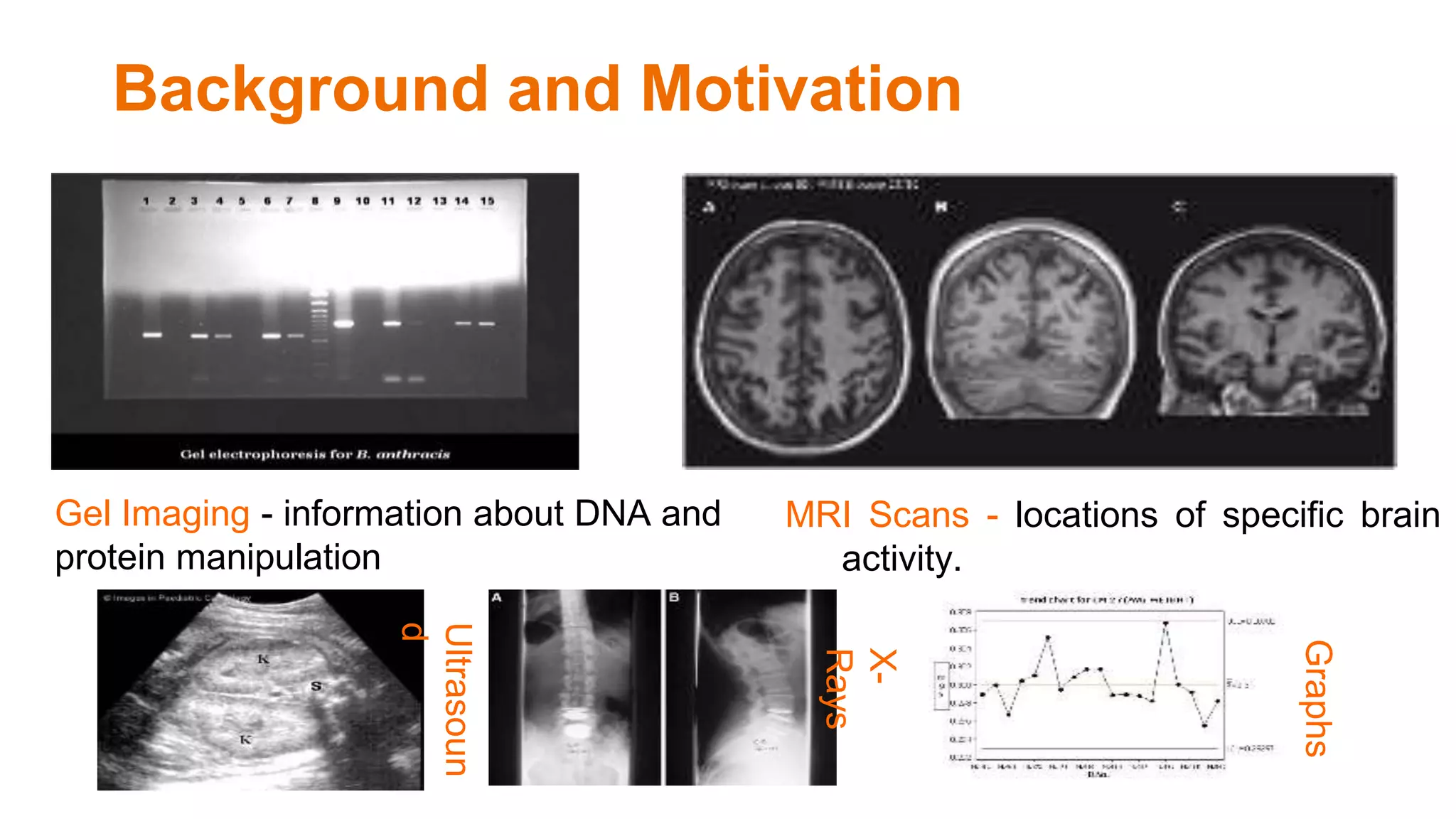Background and Motivation
MRI Scans - locations of specific brain
activity.
Gel Imaging - information about DNA and
protein manipulation
Ultrasoun
d
X-
Rays
Graphs
 
