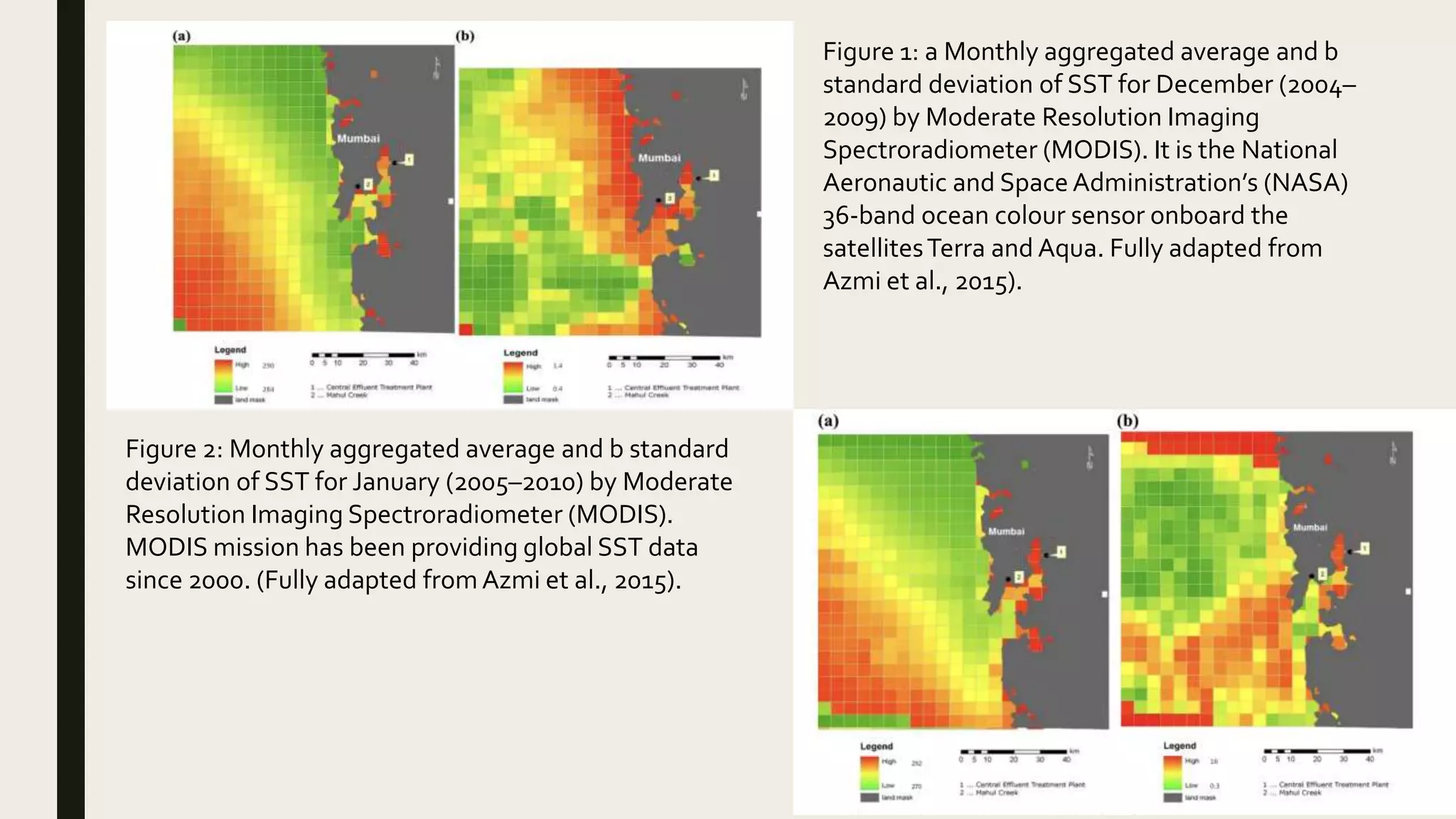Figure 1: a Monthly aggregated average and b
standard deviation of SST for December (2004–
2009) by Moderate Resolution Imaging
Spectroradiometer (MODIS). It is the National
Aeronautic and Space Administration’s (NASA)
36-band ocean colour sensor onboard the
satellitesTerra and Aqua. Fully adapted from
Azmi et al., 2015).
Figure 2: Monthly aggregated average and b standard
deviation of SST for January (2005–2010) by Moderate
Resolution Imaging Spectroradiometer (MODIS).
MODIS mission has been providing global SST data
since 2000. (Fully adapted from Azmi et al., 2015).
 
