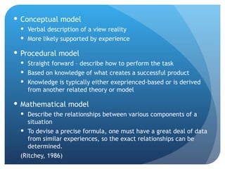Conceptual model Verbal description of a view reality More likely supported by experience Procedural model Straight forward – describe how to perform the task Based on knowledge of what creates a successful product Knowledge is typically either exeprienced-based or is derived from another related theory or model Mathematical model Describe the relationships between various components of a situation To devise a precise formula, one must have a great deal of data from similar experiences, so the exact relationships can be determined. (Ritchey, 1986) 
