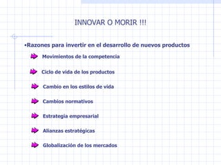 INNOVAR O MORIR !!! Razones para invertir en el desarrollo de nuevos productos Estrategia   empresarial   Cambios normativos Cambio en los estilos de vida   Alianzas estratégicas   Movimientos de la competencia   Ciclo de vida de los   productos   Globalización de los mercados   