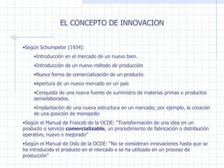 EL CONCEPTO DE INNOVACION Según Schumpeter  (1934): Introducción en el mercado de un nuevo bien. Introducción de un nuevo método de producción Nueva forma de comercialización de un producto Apertura de un nuevo mercado en un país Conquista de una nueva fuente de suministro de materias primas o productos semielaborados. Implantación de una nueva estructura en un mercado; por ejemplo, la creación de una posición de monopolio Según el Manual de Frascati de la OCDE: “Transformación de una idea en un producto o servicio  comercializable , un procedimiento de fabricación o distribución operativo, nuevo o mejorado” Según el Manual de Oslo de la OCDE: “No se consideran innovaciones hasta que se ha introducido el producto en el mercado o se ha utilizado en un proceso de producción” 