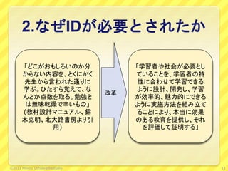 2.なぜIDが必要とされたか
「どこがおもしろいのか分
からない内容を、とくにかく
先生から言われた通りに
学ぶ。ひたすら覚えて、な
んとか点数を取る。勉強と
は無味乾燥で辛いもの」
(教材設計マニュアル、鈴
木克明、北大路書房より引
用)
「学習者や社会が必要とし
ていることを、学習者の特
性に合わせて学習できる
ように設計、開発し、学習
が効率的、魅力的にできる
ように実施方法を組み立て
ることにより、本当に効果
のある教育を提供し、それ
を評価して証明する」
改革
11©2013 Minoru Uchida@lbsstudio
 
