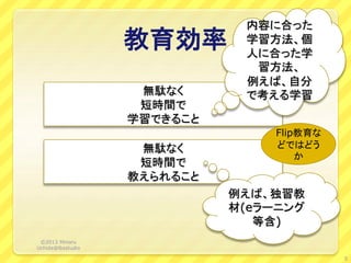 教育効率
無駄なく
短時間で
学習できること
無駄なく
短時間で
教えられること
内容に合った
学習方法、個
人に合った学
習方法、
例えば、自分
で考える学習
例えば、独習教
材(eラーニング
等含)
©2013 Minoru
Uchida@lbsstudio
Flip教育な
どではどう
か
5
 