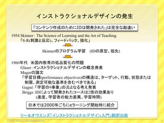 インストラクショナルデザインの発生
「コンテンツ作成のためにIDは開発された」は完全な勘違い
1954 Skinner： The Science of Learning and the Art of Teaching
「S-R(刺激と反応)、フィードバック、強化」
Skinnerのプログラム学習 (IDの原型、祖先)
1960年代 米国内教育の低品質化の問題
Glaser：インストラクショナルデザインの概念発表
Magerの論文
「学習目標(performance objectives)の構造は、ターゲット、行動、状態または
制限、測定可能な基準を含むべきである」
Gagné：「学習の9事象」の元となる考え発表
Briggs：IDによって開発されたコースは2倍の効果あり
(進度、学習者の能力差異、学習時間)
日本では2000年ごろにeラーニング開始時に紹介
リー＆オウエンズ「インストラクショナルデザイン入門」翻訳出版
7©2013 Minoru Uchida@lbsstudio
 