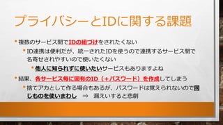 プライバシーとIDに関する課題
•複数のサービス間でIDの紐づけをされたくない
•ID連携は便利だが、統一されたIDを使うので連携するサービス間で
名寄せされやすいので使いたくない
•他人に知られずに使いたいサービスもありますよね
•結果、各サ...