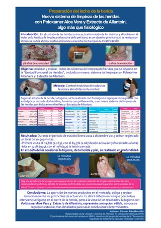 Resultados:	
  Durante	
  el	
  periodo	
  de	
  estudio	
  Enero	
  2011	
  a	
  diciembre	
  2015	
  se	
  han	
  registrado	
  
un	
  total	
  de	
  10.909	
  visitas:	
  	
  
-­‐ Primera	
  visita	
  el	
  	
  11,6%	
  (1.263),	
  con	
  el	
  84,5%	
  (1.067)	
  lesión	
  activa	
  (el	
  70%	
  cerradas	
  al	
  alta)	
  
-­‐ Alta	
  en	
  9,1%	
  (995),	
  con	
  el	
  	
  75%(747)	
  la	
  lesión	
  cerrada.	
  	
  
En	
  el	
  100%	
  de	
  las	
  ocasiones	
  la	
  higiene,	
  de	
  la	
  herida	
  y	
  piel,	
  se	
  realizado	
  en	
  profundidad.	
  
Autores: Carmen Alba Moratilla
Responsable de la Unidad Funcional de Heridas H. Clínico de Valencia (UFH)
Coordinadora del curso de heridas en MMII y miembro del grupo de heridas de la “Asociación
Española de Enfermería Vascular y Heridas” (AEEVH)
Preparación del lecho de la herida
Nuevo sistema de limpieza de las heridas
con PoloxamerAloe Vera y Extracto deAllantoin,
algo más que fisiológico
Introducción: En	
  el	
  cuidado	
  de	
  las	
  heridas	
  crónicas,	
  la	
  eliminación	
  de	
  los	
  detritus	
  y	
  el	
  bioﬁlm	
  en	
  el	
  
lecho	
  de	
  la	
  herida	
  y	
  la	
  limpieza	
  exhaustiva	
  de	
  la	
  piel	
  sana,	
  es	
  un	
  objetivo	
  prioritario,	
  si	
  se	
  realiza	
  con	
  
eﬁciencia	
  podría	
  ahorrar	
  costos	
  adicionales	
  al	
  acortar	
  los	
  tiempos	
  de	
  cicatrización.	
  
Objetivo:	
  Analizar	
  y	
  evaluar	
  	
  todos	
  las	
  sistemas	
  de	
  limpieza	
  de	
  heridas	
  que	
  se	
  dispone	
  en	
  
la	
  “Unidad	
  Funcional	
  de	
  Heridas”,	
  	
  incluido	
  un	
  nuevo	
  	
  sistema	
  de	
  limpieza	
  con	
  Poloxamer	
  
Aloe	
  Vera	
  y	
  	
  Extracto	
  de	
  Allantoin.	
  
Método:	
  Control	
  evolutivo	
  de	
  todas	
  las	
  
lesiones	
  atendidas	
  en	
  la	
  unidad.	
  	
  
Conclusiones:	
  La	
  aparición	
  de	
  nuevos	
  productos	
  en	
  el	
  mercado,	
  obliga	
  a	
  revisar	
  
minuciosamente	
  los	
  protocolos	
  de	
  actuación.	
  Es	
  difícil	
  determinar	
  en	
  que	
  porcentaje	
  
interviene	
  la	
  higiene	
  en	
  el	
  cierre	
  de	
  la	
  herida,	
  pero	
  a	
  la	
  vista	
  de	
  los	
  resultados,	
  la	
  higiene	
  con	
  
Poloxamer	
  Aloe	
  Vera	
  y	
  	
  Extracto	
  de	
  Allantoin,	
  representa	
  una	
  opción	
  válida,	
  aunque	
  se	
  	
  
requieren	
  estudios	
  mas	
  detallados	
  para	
  sacar	
  conclusiones	
  determinantes.	
  
Visita Primera
Lesión	
  activa 1067 84,5%
Edema 61 4,8%
Sin	
  dato 9 0,7%
Sin	
  Edema 3 0,2%
Sin	
  Lesión 116 9,2%
Derivo/alta 7 0,6%
Total	
  general 1263 100%
Visita Alta
Con	
  edema 10 1,0%
Lesión	
  activa 32 3,2%
Lesión	
  
cerrada
747 75,1%
Lesión	
  
derivada
39 3,9%
Sin	
  dato 9 0,9%
Sin	
  Edema 49 4,9%
Sin	
  Lesión 109 11,0%
Total	
  general 995 100%
Según	
  el	
  estado	
  de	
  la	
  herida,	
  la	
  higiene,	
  se	
  ha	
  realizado	
  con	
  ﬁsiológico	
  o	
  esponjas	
  impregnadas	
  con	
  
antisépticos	
  como	
  la	
  clorhexidina,	
  fomento	
  con	
  polihexanida,	
  	
  o	
  un	
  nuevo	
  	
  sistema	
  de	
  limpieza	
  de	
  
las	
  heridas	
  con	
  Poloxamer	
  Aloe	
  Vera	
  y	
  	
  Extracto	
  de	
  Allantoin.	
  
Lesión	
  activa	
  	
  
Sin	
  Infección 116 10,9%
Contaminación 85 8,0%
Colonización 269 25,2%
Infección 416 39,0%
Linfangitis 2 0,2%
Osteomielitis 102 9,6%
Sin	
  dato 76 7,1%
Total	
  general 1067 100%
Infección
UCS	
  	
  
(utilizada	
  unos	
  meses)
Total	
  
visitas
Colonización 2 1982
Contaminación 0 993
Infección 4 2748
Linfangitis 0 17
Sin	
  infección 0 2072
Osteomielitis 2 1301
Sin	
  dato 0 1796
Total	
  general 8 10909
Hay	
  poca	
  evidencia	
  de	
  ensayos	
  para	
  apoyar	
  el	
  uso	
  de	
  cualquier	
  solución	
  de	
  limpieza	
  de	
  heridas.	
  No	
  hay	
  
recomendaciones	
  ﬁrmes,	
  la	
  falta	
  de	
  pruebas	
  de	
  ECA	
  debe	
  ser	
  una	
  preocupación	
  para	
  los	
  profesionales	
  de	
  la	
  
salud.1-­‐(1	
  Moore,	
  Z.	
  y	
  Cowman,	
  S.	
  (2008),	
  una	
  revisión	
  sistemática	
  de	
  la	
  limpieza	
  de	
  la	
  herida	
  de	
  las	
  úlceras	
  por	
  presión.	
  Journal	
  of	
  Clinical	
  Nursing,	
  17:	
  1963	
  hasta	
  1972.	
  )	
  
Total	
  de	
  visitas	
  a	
  la	
  UFH
Primera 1263 11,6%
Alta 995 9,1%
Sucesiva 6929 63,5%
Deri.	
  a	
  Urgencias 113 1,0%
Revisión 1609 14,7%
Total	
  general 10909100%
48	
  años	
  de	
  cronicidad	
  
ANTES	
  
10	
  minutos	
  
DESPUÉS	
  
10	
  minutos	
  
DESPUÉS	
  
2	
  años	
  de	
  evolución	
  
ANTES	
  
 