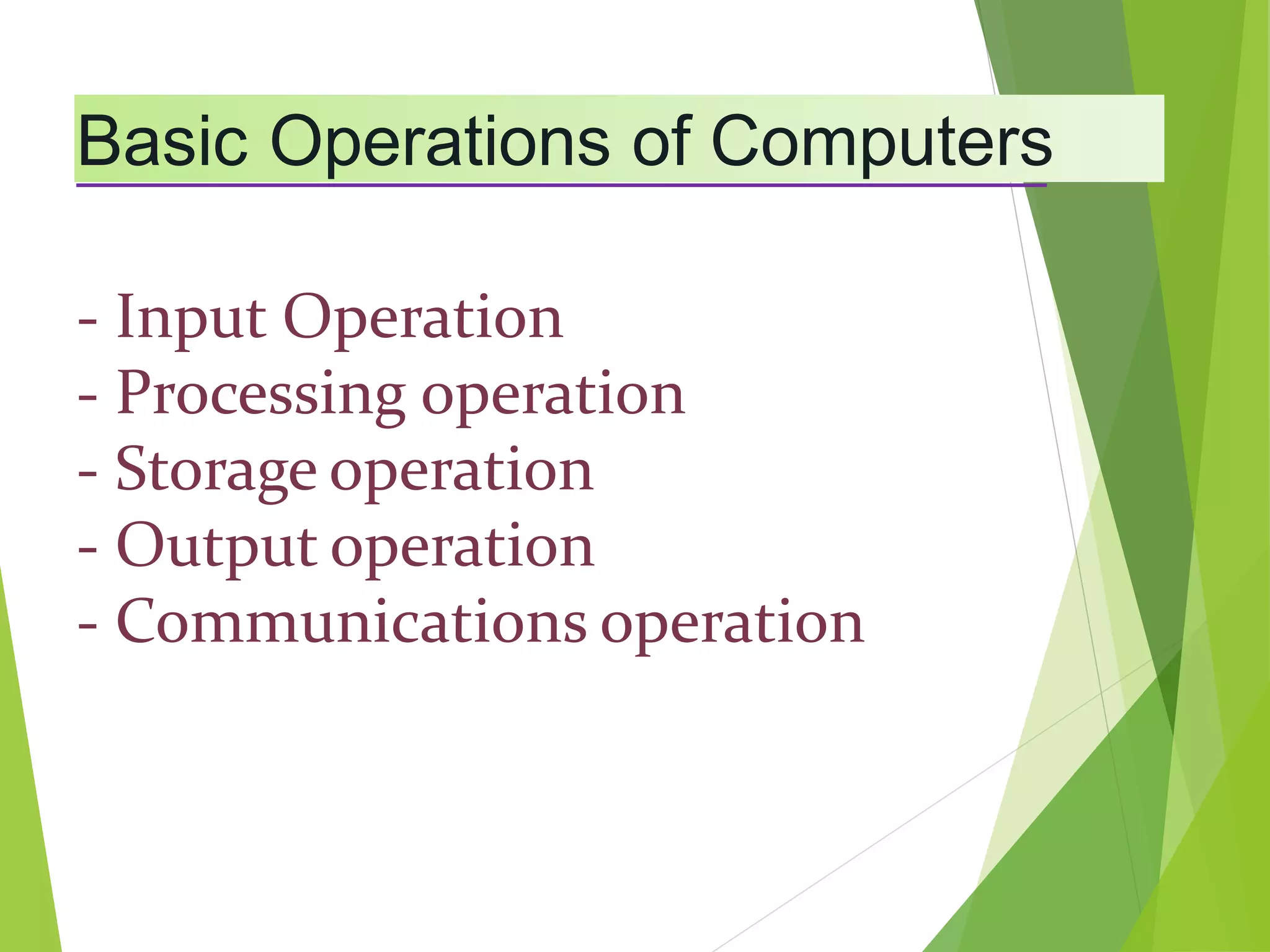 Basic Operations of Computers
- Input Operation
- Processing operation
- Storage operation
- Output operation
- Communications operation
 