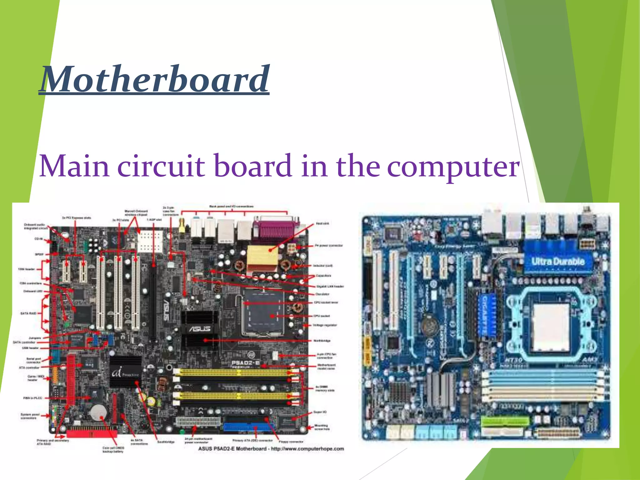 Motherboard
Main circuit board in the computer
 
