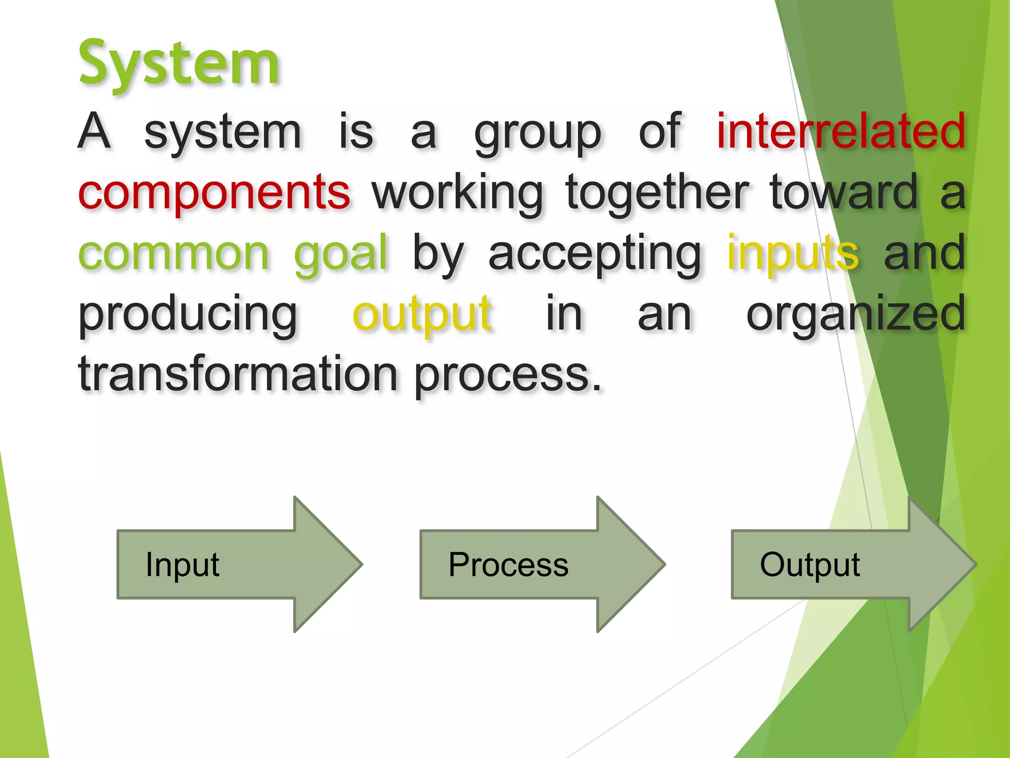System
A system is a group of interrelated
components working together toward a
common goal by accepting inputs and
producing output in an organized
transformation process.
Input Process Output
 
