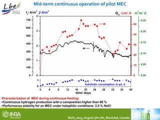Mid-term continuous operation of pilot MEC 
Characterization of MEC during continuous feeding: 
Continuous hydrogen production with a composition higher than 90 % 
Performance stability for an MEC under halophilic conditions: 3.5 % NaCl 
BioH2 2013, August 5th-7th, Montréal, Canada 
 