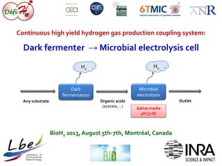 Continuous high yield hydrogen gas production coupling system: 
Dark fermenter → Microbial electrolysis cell 
H2 H2 
Dark 
fermentation 
Microbial 
electrolysis 
Any substrate Organic acids 
(acetate,…) 
BioH2 2013, August 5th-7th, Montréal, Canada 
Outlet 
Saline media 
pH [7-8] 
 