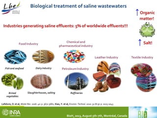Biological treatment of saline wastewaters 
Industries generating saline effluents: 5% of worldwide effluents!!! 
BioH2 2013, August 5th-7th, Montréal, Canada 
↑ Organic 
matter! 
↑ Salt! 
Lefebvre, O. et al, Water Res. 2006. 40: p. 3671-3682; Xiao, Y. et al, Environ. Technol. 2010. 31 (8-9): p. 1025-1043 
 