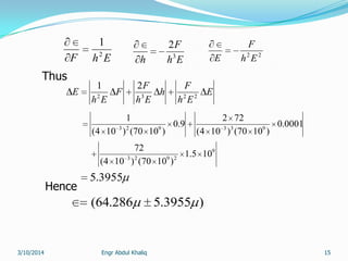 15
EhF 2
1
Eh
F
h 3
2
22
Eh
F
E
E
Eh
F
h
Eh
F
F
Eh
E 2232
21
9
2923
933923
105.1
)1070()104(
72
0001.0
)1070()104(
722
9.0
)1070()104(
1
3955.5
Thus
Hence
)3955.5286.64(
Engr Abdul Khaliq3/10/2014
 
