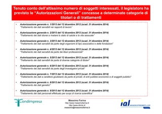 Tenuto conto dell’altissimo numero di soggetti interessati, il legislatore ha 
previsto le “Autorizzazioni Generali” concesse a determinate categorie di 
titolari o di trattamenti 
• Autorizzazione generale n. 1/2013 del 12 dicembre 2012 (scad. 31 dicembre 2014) 
“Trattamento dei dati sensibili nei rapporti di lavoro” 
• Autorizzazione generale n. 2/2013 del 12 dicembre 2012 (scad. 31 dicembre 2014) 
“Trattamento dei dati idonei a rivelare lo stato di salute e la vita sessuale” 
• Autorizzazione generale n. 3/2013 del 12 dicembre 2012 (scad. 31 dicembre 2014) 
“Trattamento dei dati sensibili da parte degli organismi di tipo associativo e delle fondazioni” 
• Autorizzazione generale n. 4/2013 del 12 dicembre 2012 (scad. 31 dicembre 2014) 
“Trattamento dei dati sensibili da parte dei liberi professionisti” 
• Autorizzazione generale n. 5/2013 del 12 dicembre 2012 (scad. 31 dicembre 2014) 
Massimo Farina 
http://www.massimofarina.it/ 
http://www.diricto.it/ 
massimo@massimofarina.it 
27 
“Trattamento dei dati sensibili da parte di diverse categorie di titolari” 
• Autorizzazione generale n. 6/2013 del 12 dicembre 2012 (scad. 31 dicembre 2014) 
“Trattamento dei dati sensibili da parte degli investigatori privati” 
• Autorizzazione generale n. 7/2013 del 12 dicembre 2012 (scad. 31 dicembre 2014) 
“Trattamento dei dati a carattere giudiziario da parte di privati, di enti pubblici economici e di soggetti pubblici” 
• Autorizzazione generale n. 8/2013 del 12 dicembre 2012 (scad. 31 dicembre 2014) 
“Trattamento dei dati genetici” 
• Autorizzazione generale n. 9/2013 del 12 dicembre 2012 (scad. 31 dicembre 2014) 
“Trattamento dei dati personali effettuato per scopi di ricerca scientifica” 
 