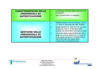 CARATTERISTICHE DELLE 
CREDENZIALI DI 
AUTENTICAZIONE 
1. Lunghezza minima della password di 
8 caratteri, 
2. non riconducibile al soggetto 
GESTIONE DELLE 
CREDENZIALI DI 
1. Modifica dopo il primo utilizzo, ogni 6 
o 3 mesi a seconda dei dati trattati 
2. Disattivazione in caso di non uso per 
almeno 6 mesi o di perdita della 
qualità che permette l’accesso ai dati 
3. Garanzia della disponibilità dei dati o 
degli strumenti elettronici in caso di 
Massimo Farina 
http://www.massimofarina.it/ 
http://www.diricto.it/ 
massimo@massimofarina.it 
34 
AUTENTICAZIONE 
prolungata assenza o impedimento 
dell’incaricato che goda delle 
credenziali di autenticazione 
 