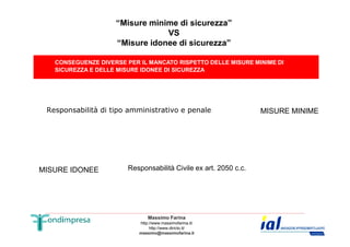CONSEGUENZE DIVERSE PER IL MANCATO RISPETTO DELLE MISURE MINIME DI 
SICUREZZA E DELLE MISURE IDONEE DI SICUREZZA 
Responsabilità di tipo amministrativo e penale 
MISURE MINIME 
“Misure minime di sicurezza” 
VS 
“Misure idonee di sicurezza” 
Responsabilità MISURE IDONEE Civile ex art. 2050 c.c. 
Massimo Farina 
http://www.massimofarina.it/ 
http://www.diricto.it/ 
massimo@massimofarina.it 
 