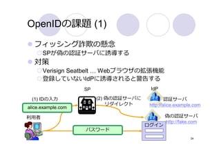 OpenIDの課題 (1)
  フィッシング詐欺の懸念
      SPが偽の認証サーバに誘導する
  対策
      Verisign Seatbelt … Webブラウザの拡張機能
      登録していないIdPに誘導されると警告する
                    SP                   IdP

 (1) IDの⼊⼒               (2) 偽の認証サーバに            認証サーバ
                             リダイレクト      http://alice.example.com
alice.example.com

利⽤者                                             偽の認証サーバ
                                                http://fake.com
                                        ログイン
                    パスワード
                                                            24
 