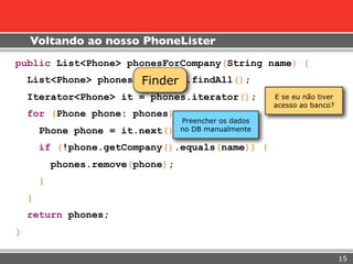 Voltando ao nosso PhoneLister
public List<Phone> phonesForCompany(String name) {
                       Finder
    List<Phone> phones = finder.findAll();
    Iterator<Phone> it = phones.iterator();             E se eu não tiver
                                                        acesso ao banco?
    for (Phone phone: phones) {
                                   Preencher os dados
        Phone phone =   it.next(); no DB manualmente
        if (!phone.getCompany().equals(name)) {
            phones.remove(phone);
        }
    }
    return phones;
}

                                                                            15
 