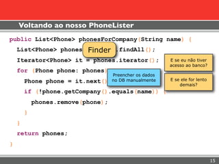 Voltando ao nosso PhoneLister
public List<Phone> phonesForCompany(String name) {
                       Finder
    List<Phone> phones = finder.findAll();
    Iterator<Phone> it = phones.iterator();             E se eu não tiver
                                                        acesso ao banco?
    for (Phone phone: phones) {
                                   Preencher os dados
        Phone phone =   it.next(); no DB manualmente    E se ele for lento
                                                            demais?
        if (!phone.getCompany().equals(name)) {
            phones.remove(phone);
        }
    }
    return phones;
}

                                                                             15
 