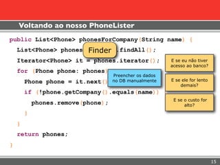 Voltando ao nosso PhoneLister
public List<Phone> phonesForCompany(String name) {
                       Finder
    List<Phone> phones = finder.findAll();
    Iterator<Phone> it = phones.iterator();             E se eu não tiver
                                                        acesso ao banco?
    for (Phone phone: phones) {
                                   Preencher os dados
        Phone phone =   it.next(); no DB manualmente    E se ele for lento
                                                            demais?
        if (!phone.getCompany().equals(name)) {
                                                         E se o custo for
            phones.remove(phone);                             alto?
        }
    }
    return phones;
}

                                                                             15
 