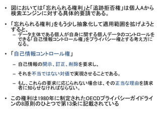 • 図においては「忘れられる権利」と「追跡拒否権」は個人Aから
検索エンジンに対する具体的要請である。
• 「忘れられる権利」をもう少し抽象化して適用範囲を拡げようと
すると、
– データ主体である個人が自身に関する個人データのコントロールを
できる「自己情報コントロール権」をプライバシー権とする考え方に
なる。
• 「自己情報コントロール権」
– 自己情報の開示、訂正、削除を要求し、
– それを不当ではない対価で実現させることである。
– もし、これらの要求に応じられない場合は、その正当な理由を請求
者に知らせなければならない。
• この権利は1980年に制定されたOECDプライバシーガイドライ
ンの8原則のひとつで第13条に記載されている
 
