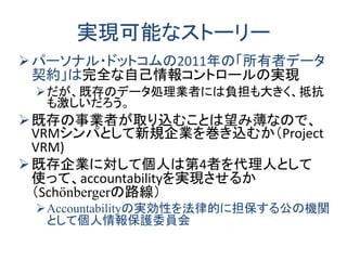 実現可能なストーリー
パーソナル・ドットコムの2011年の「所有者データ
契約」は完全な自己情報コントロールの実現
だが、既存のデータ処理業者には負担も大きく、抵抗
も激しいだろう。
既存の事業者が取り込むことは望み薄なので、
VRMシンパとして新規企業を巻き込むか（Project
VRM)
既存企業に対して個人は第4者を代理人として
使って、accountabilityを実現させるか
（Schönbergerの路線）
Accountabilityの実効性を法律的に担保する公の機関
として個人情報保護委員会
 