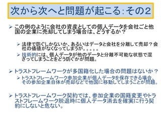 次から次へと問題が起こる：その２
 この例のように会社の資産としての個人データを会社ごと他
国の企業に売却してしまう場合は、どうするか？
 法律で防ぐしかないか、あるいはデータと会社を分離して売却？会
社の価値がなくなってしまうが。。。。。
 技術的には、個人データが他のデータと分離不可能な状態で混
ざってしまうことをどう防ぐかが問題。
 トラストフレームワークが多国籍化した場合の問題はないか？
 トラストフレームワーク参加企業が個人データを保存できる場合、
その参加企業自体が売却などで他国に移動してしまうことが問題。
 トラストフレームワーク契約では、参加企業の国籍変更やトラ
ストフレームワーク脱退時に個人データ消去を確実に行う契
約にしないと危ない。
 
