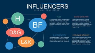 INFLUENCERS 
A L S O O U R C O M P E T I T O R S 
HUGE DAVID & GOLIATH 
A digital design agency with a focus on 
corporate partnerships to build digital 
products and integrated marketing 
campaigns. Past works include Google 
Express, Zumba Active wear and Joe 
Fresh. 
Full service independent creative 
agency. Focuses on branding and 
advertisement for clients, not building 
independent products. Past works 
include #spreadtheluck, Kia showcase 
with Lebron James and CA Lottery: 
Power of Five. 
BLUE FOUNTAIN LUDLOW & KINGSLEY 
Digital agency with a focus on website 
design, online marketing and mobile 
app development for corporate clients. 
Clients include P&G, AT&T and NASA. 
Design agency with a focus on digital 
experiences, including physical 
product design & branding. Primarily 
deals with web campaigns for their 
clients. Past websites include Central 
Market, Parachute and Moon Juice. 
H 
D&G 
BF 
L&K 
 