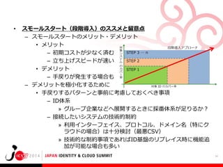 •

スモールスタート（段階導入）のススメと留意点
– スモールスタートのメリット・デメリット
• メリット
– 初期コストが少なく済む
– 立ち上げスピードが速い
• デメリット
– 手戻りが発生する場合も
– デメリットを極小化するために
• 手戻りするパターンと事前に考慮しておくべき事項
– ID体系
» グループ企業などへ展開するときに採番体系が足りるか？
– 接続したいシステムの技術的制約
» 利用インターフェイス、プロトコル、ドメイン名（特にク
ラウドの場合）は十分検討（最悪CSV）
» 技術的な制約事項であればID基盤のリプレイス時に機能追
加が可能な場合も多い
14

 