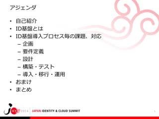 アジェンダ

• 自己紹介
• ID基盤とは
• ID基盤導入プロセス毎の課題、対応
– 企画
– 要件定義
– 設計
– 構築・テスト
– 導入・移行・運用
• おまけ
• まとめ

5

 