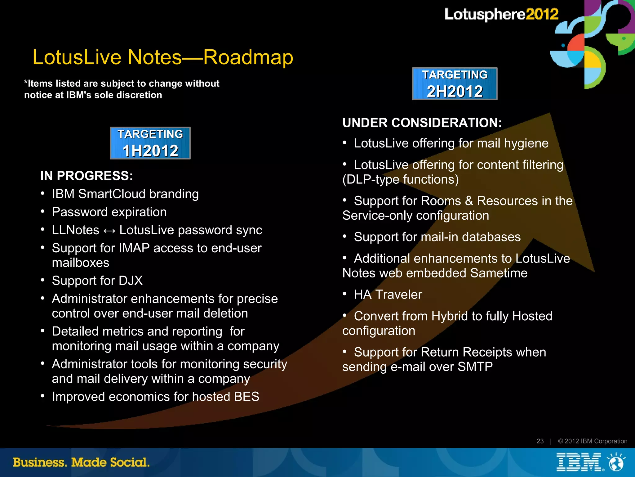 LotusLive Notes—Roadmap
                                                                   TARGETING
*Items listed are subject to change without
notice at IBM's sole discretion                                      2H2012
                                                   UNDER CONSIDERATION:
                    TARGETING
                                                   ●
                                                       LotusLive offering for mail hygiene
                     1H2012
                                                   ●
                                                     LotusLive offering for content filtering
   IN PROGRESS:                                    (DLP-type functions)
   ●
     IBM SmartCloud branding                       ●
                                                    Support for Rooms & Resources in the
   ●
     Password expiration                           Service-only configuration
   ●
     LLNotes ↔ LotusLive password sync             ●
                                                       Support for mail-in databases
   ●
     Support for IMAP access to end-user
     mailboxes
                                                   ●
                                                    Additional enhancements to LotusLive
                                                   Notes web embedded Sametime
   ●
     Support for DJX
   ●
     Administrator enhancements for precise
                                                   ●
                                                       HA Traveler
     control over end-user mail deletion           ●
                                                     Convert from Hybrid to fully Hosted
   ●
     Detailed metrics and reporting for            configuration
     monitoring mail usage within a company        ●
                                                     Support for Return Receipts when
   ●
     Administrator tools for monitoring security   sending e-mail over SMTP
     and mail delivery within a company
   ●
     Improved economics for hosted BES


                                                                                       23 |   © 2012 IBM Corporation
 