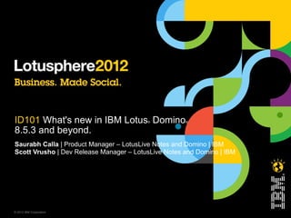 ID101 What's new in IBM Lotus Domino     ®           ®


8.5.3 and beyond.
Saurabh Calla | Product Manager – LotusLive Notes and Domino | IBM
Scott Vrusho | Dev Release Manager – LotusLive Notes and Domino | IBM




© 2012 IBM Corporation
 