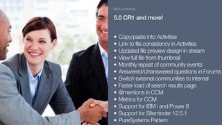IBM Connections
5.0 CR1 and more!
• Copy/paste into Activities
• Link to file consistency in Activities
• Updated file preview design in stream
• View full file from thumbnail
• Monthly repeat of community events
• Answered/Unanswered questions in Forums
• Switch external communities to internal
• Faster load of search results page
• @mentions in CCM
• Metrics for CCM
• Support for IBM i and Power 8
• Support for Siteminder 12.5.1
• PureSystems Pattern
 